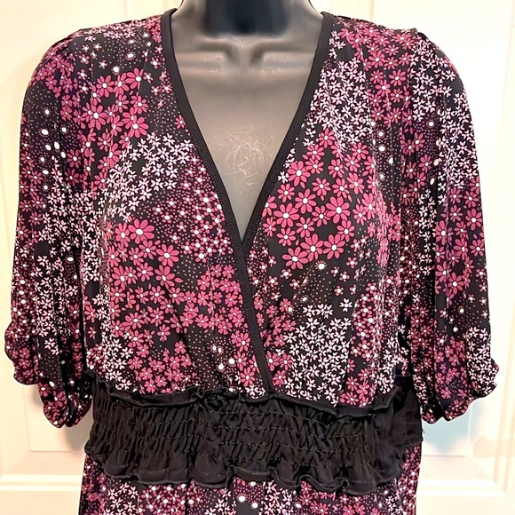 FANG 💜 LONG PURPLE/BLACK FLORAL SPANDEX WAISTBAND BLOUSE TOP Women 2X Chest 46” - Picture 4 of 7